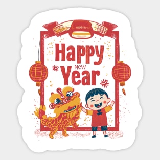 Happy New Year Celebration: Red Yellow Navy Chinese Doodle T Sticker